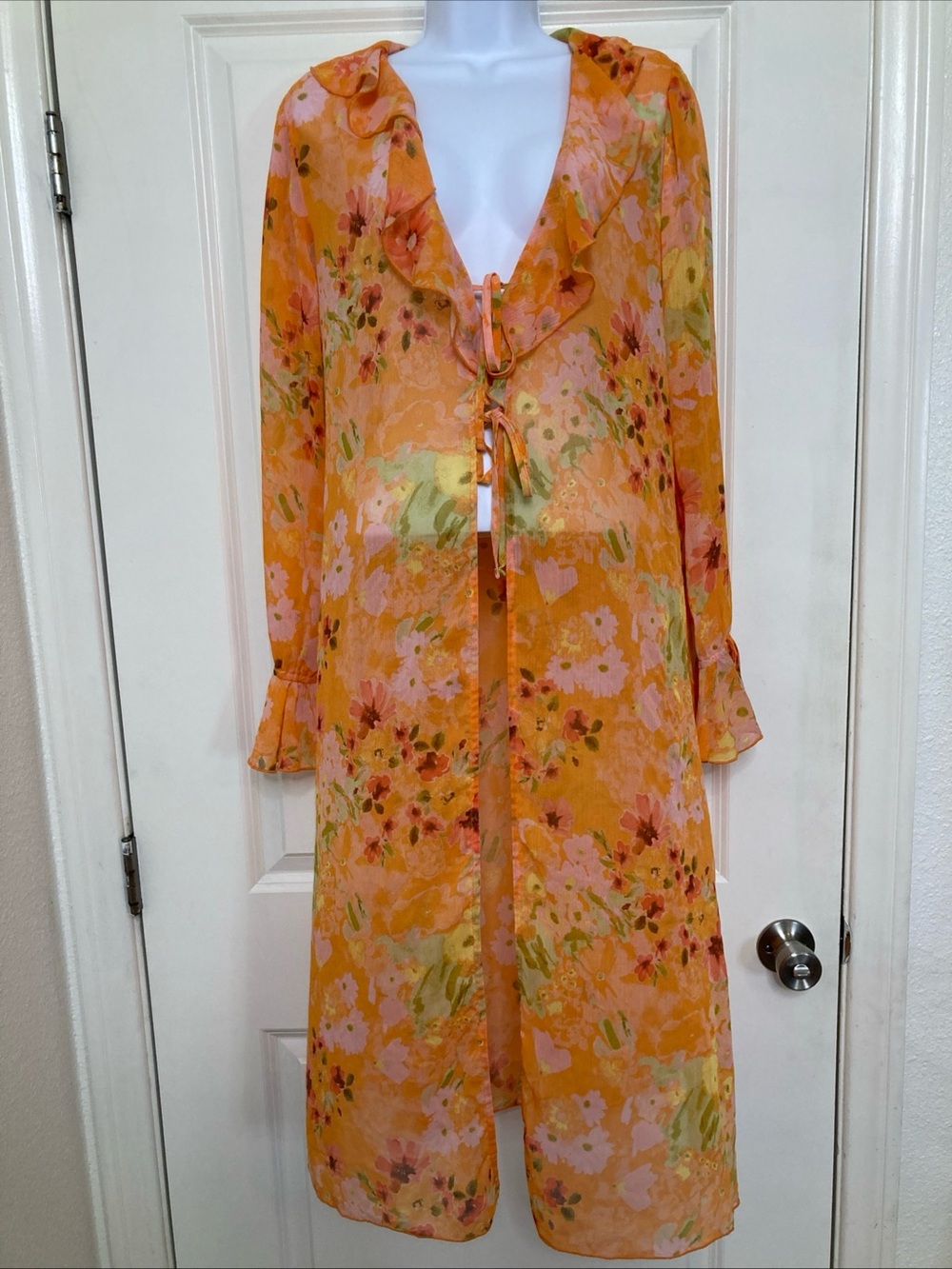 Wild Fable Sheer Orange Floral Ruffle Duster Kimono Bell Sleeves Double Tie Sz S